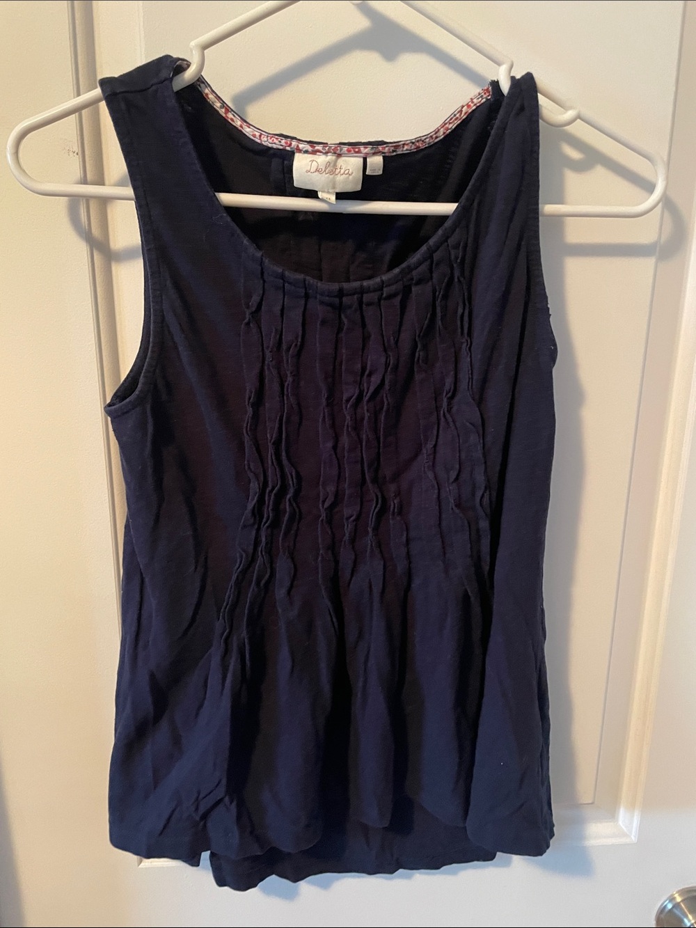 Deletta Navy Pintuck Sleeveless Tank Top